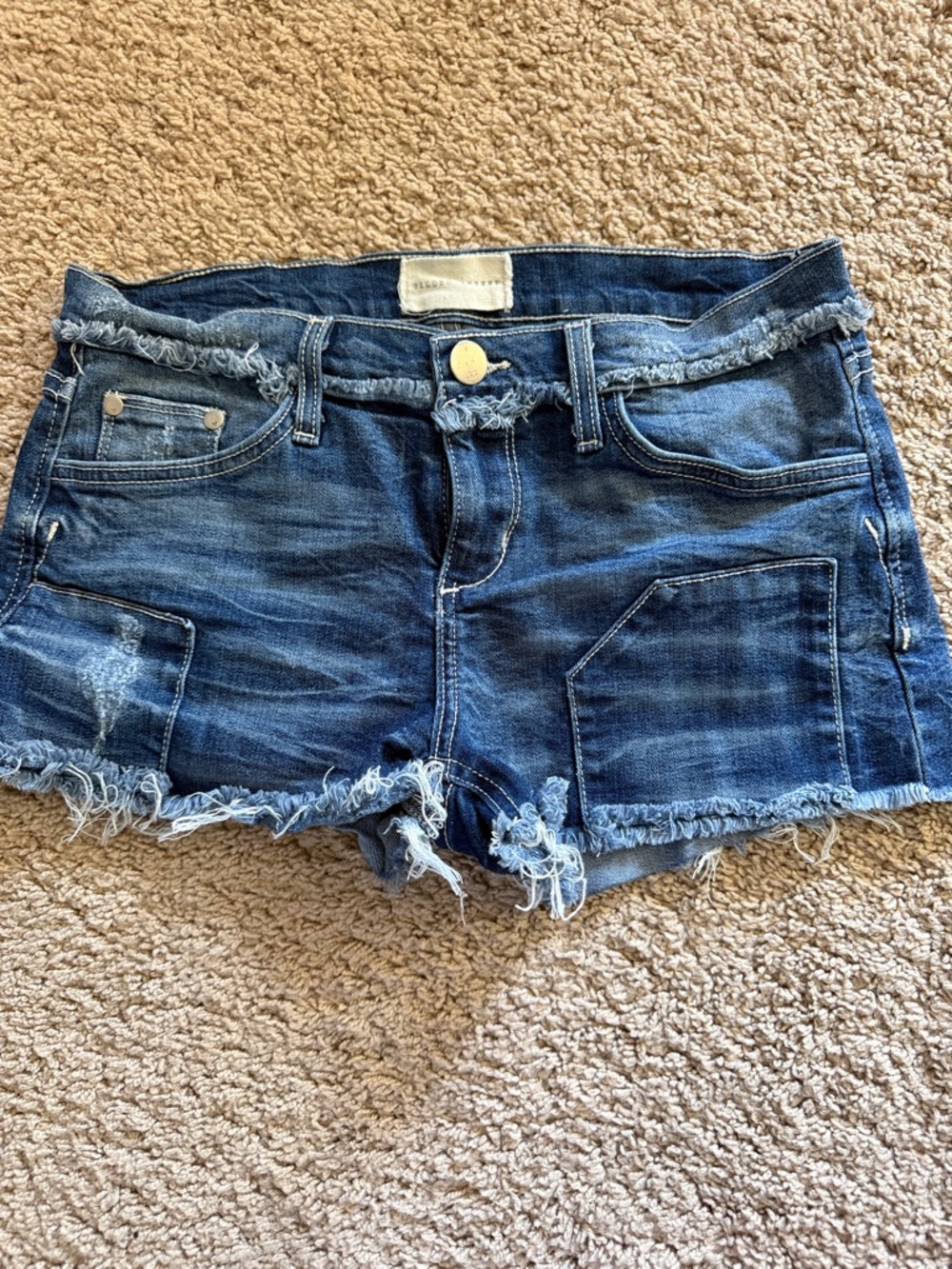 Gilded Intent Dark Blue Frayed Hem Denim Shorts